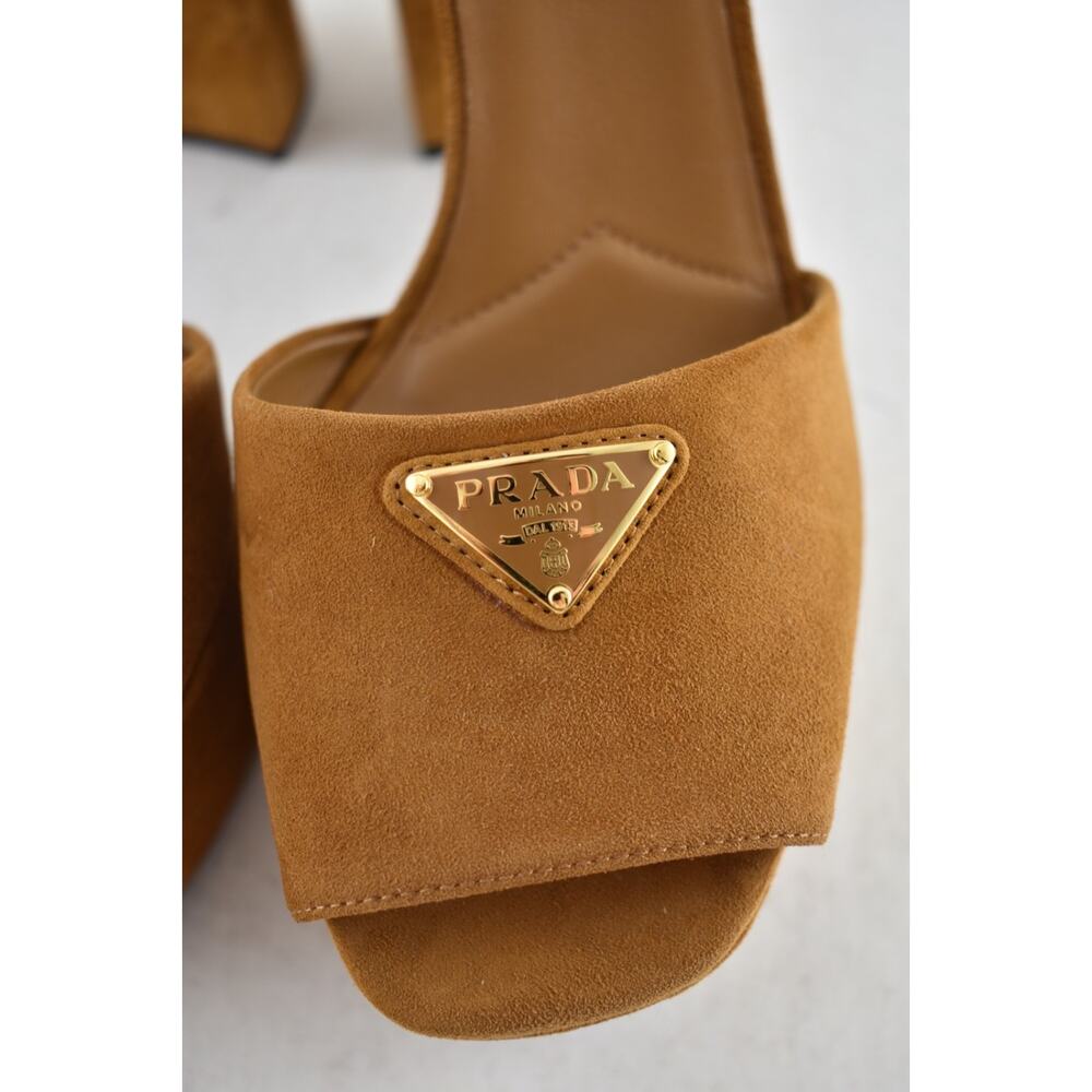 Prada 115mm Cognac Brown Suede Platform Sandal Ankle Strap Block Heel Pump 38.5 - Picture 10 of 16